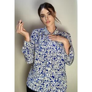 Vintage Rose Floral Print Blue & White Blouse ~ Impressions ~ Sz L ~ Lovely!